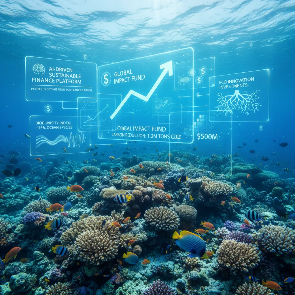 Thriving ecosystem with data overlays showing AI-driven environmental impact