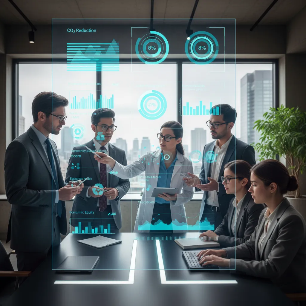 Group of data scientists in a modern office analyzing complex ESG data on large screens