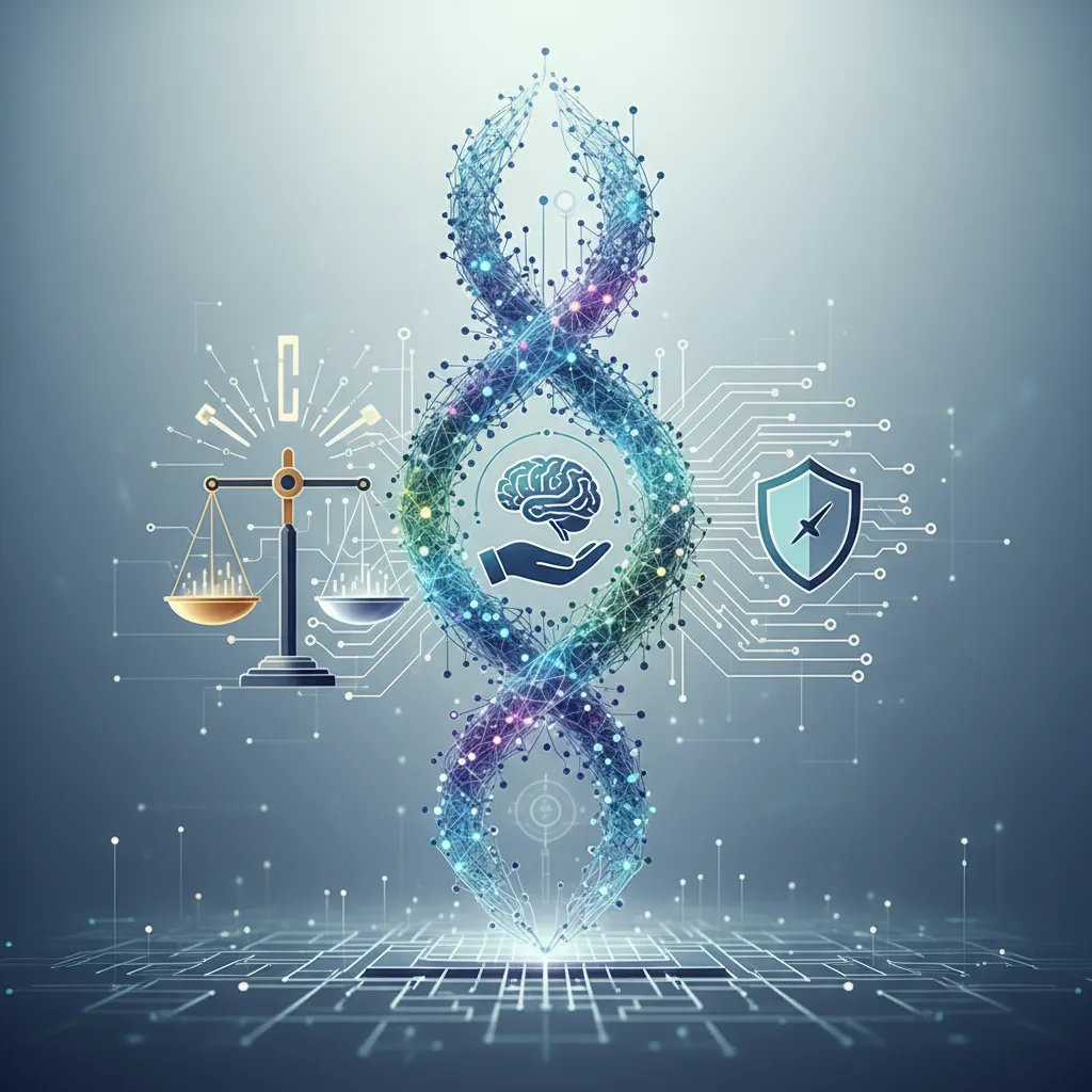 Abstract art representing ethical AI development, with neural networks and symbols of trust and transparency.