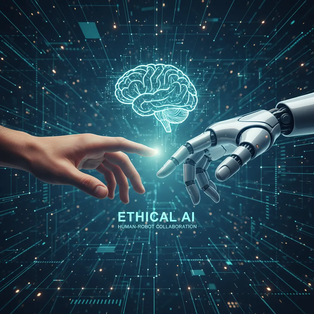Human and robot hands collaborating on ethical AI in mental health.