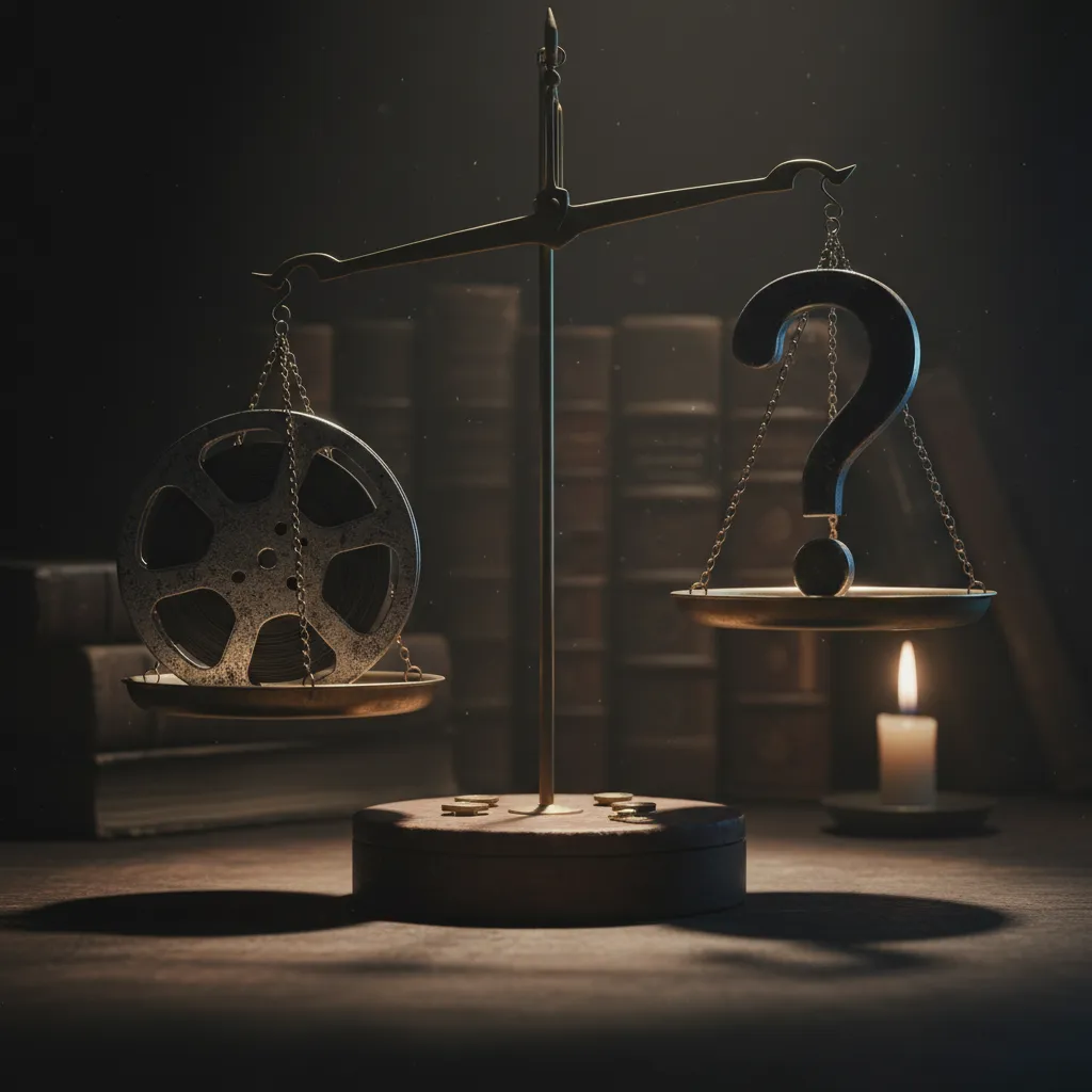 A balanced scale weighing a film reel against a block with a question mark, symbolizing AI ethics.