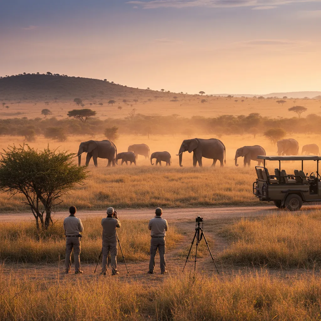 Travelers respectfully observing elephants in natural habitat