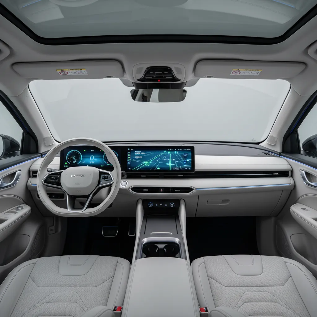 High-tech interior of an electric vehicle with a large display screen