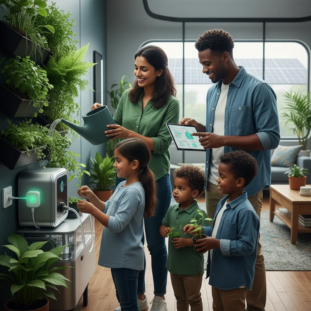 Family in a smart home engaging in eco-friendly activities with a smart plug visible.