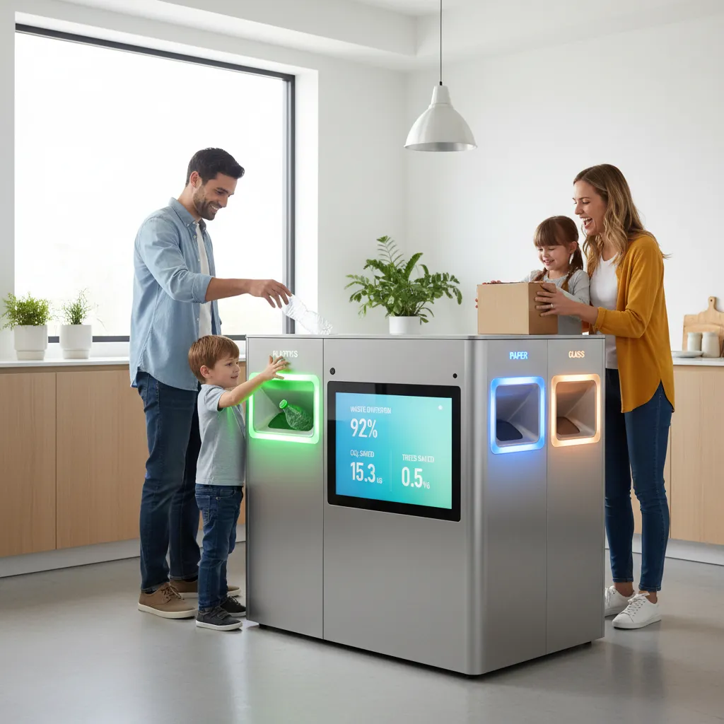 Family interacting with a smart recycling station showing environmental impact data.