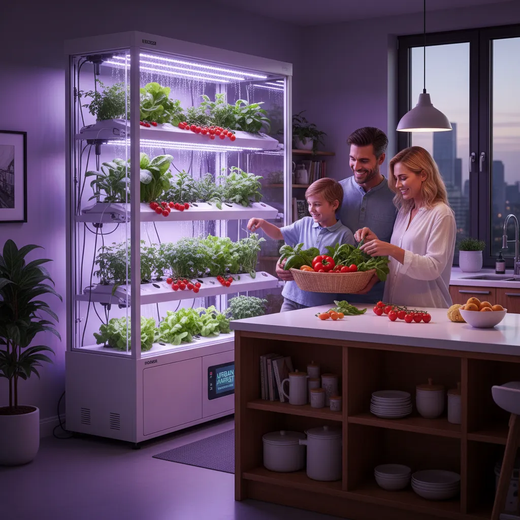 Family harvesting produce from an indoor vertical farm