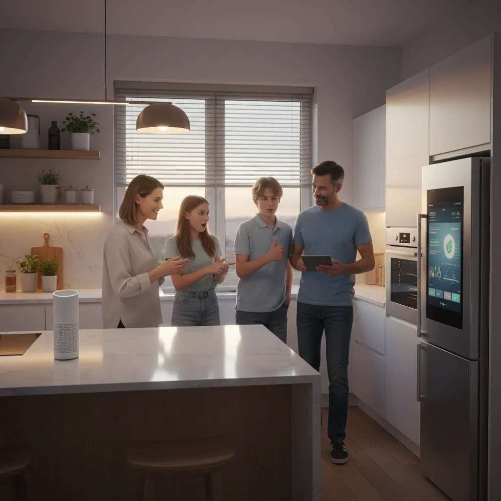 A family in their living room interacts with a smart speaker, using a voice assistant to adjust lighting and temperature for energy saving.