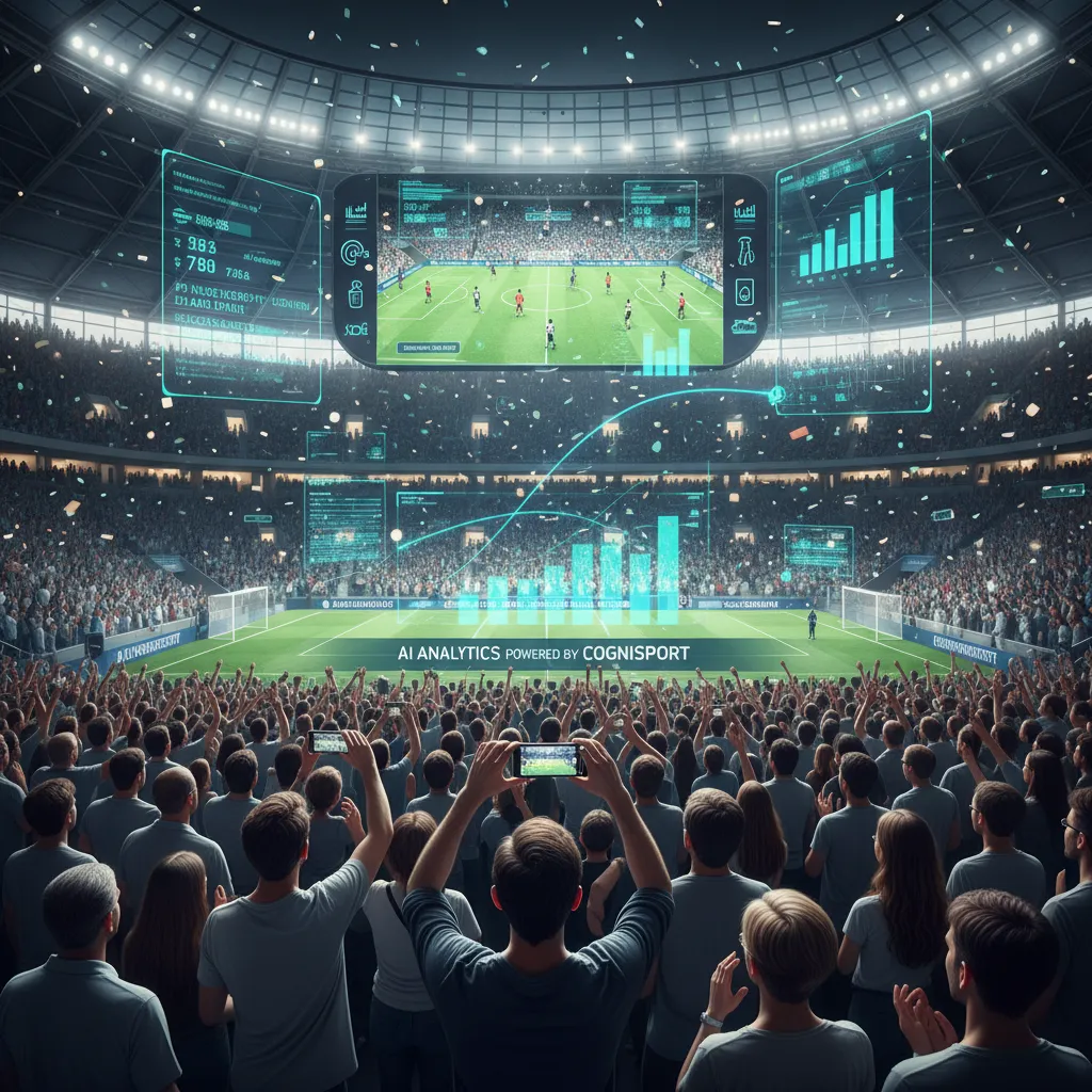 Sports fans engaged with AI-enhanced broadcast on stadium screen