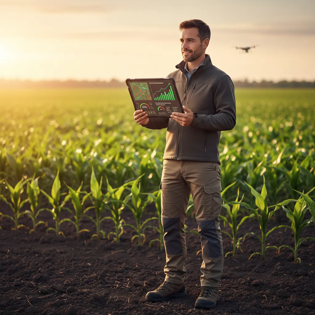Farmer using tablet for AI farm analytics