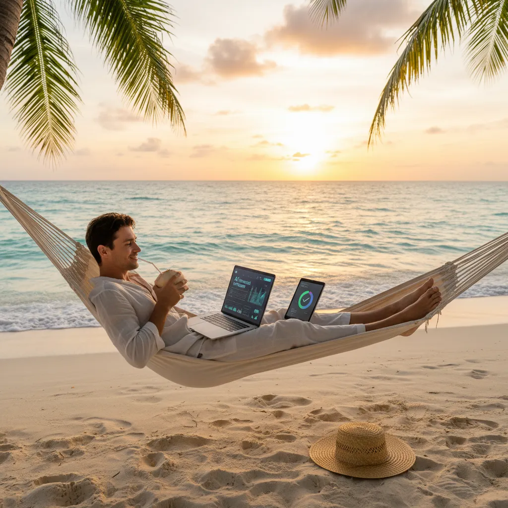 A person relaxes on a beach, effortlessly managing their finances on a tablet, symbolizing financial freedom achieved through AI tools.