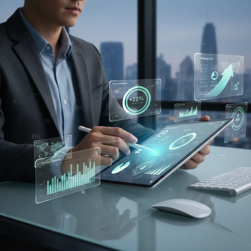 Person tracking finances on tablet with graphs