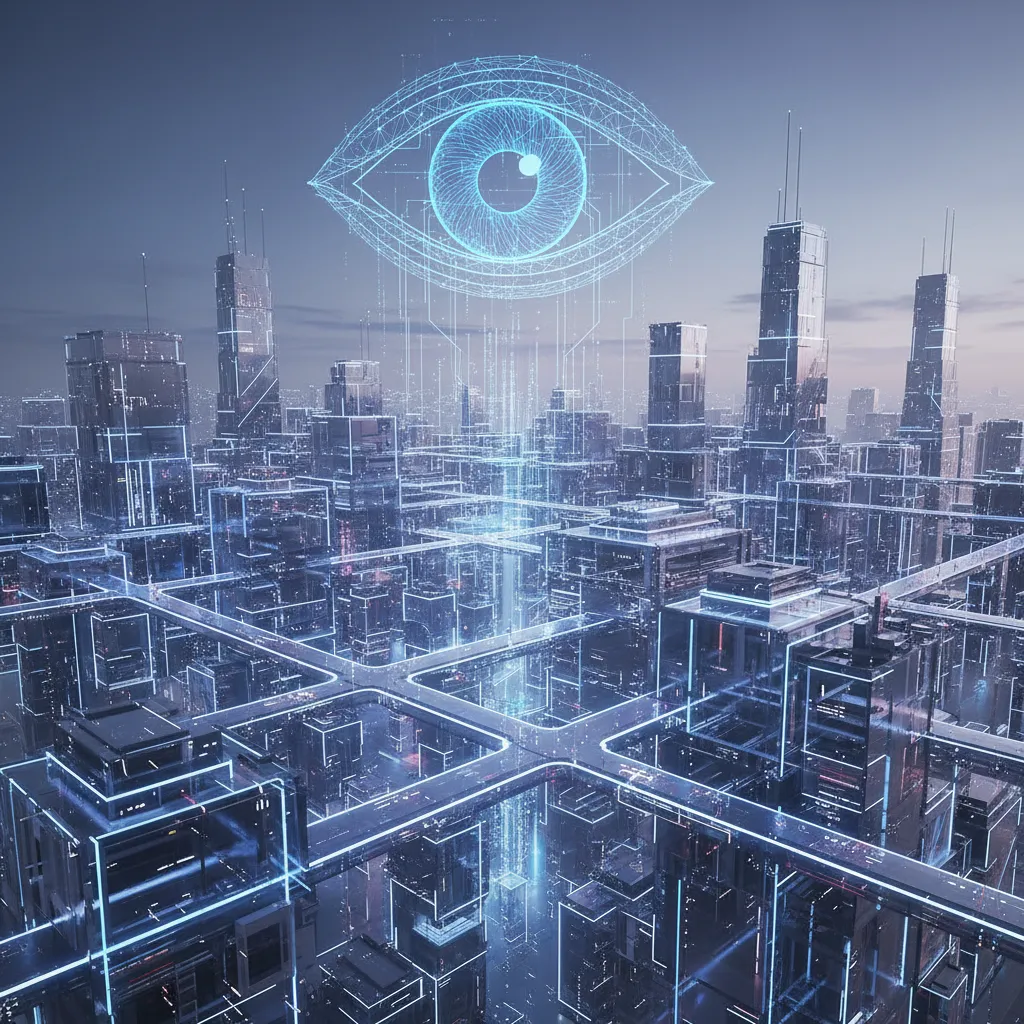 Futuristic city with AI eye overseeing decentralized governance structures