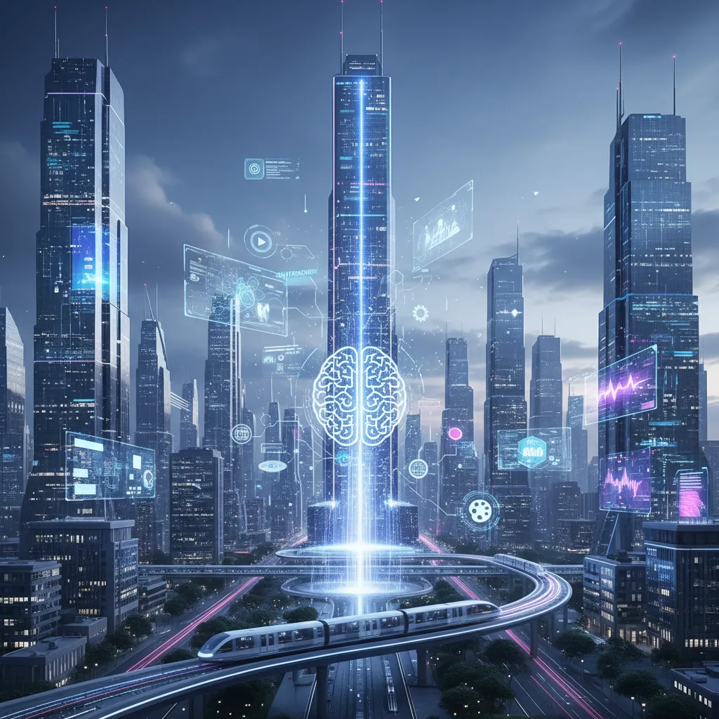 Futuristic city skyline with digital AI elements
