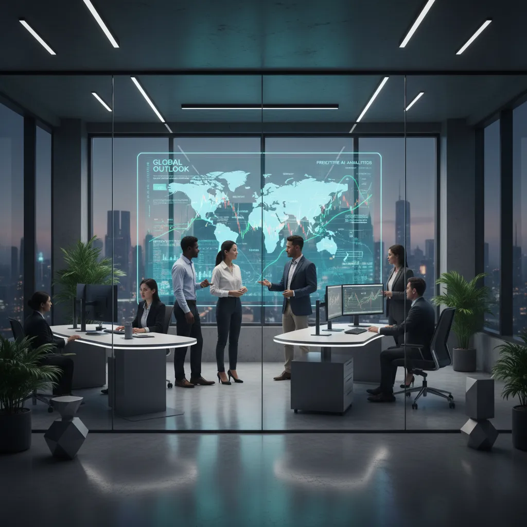 Financial experts collaborating with advanced AI technology in a modern office.