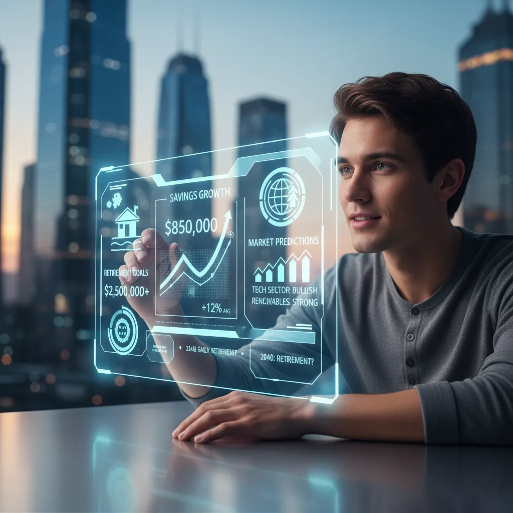 A futuristic hologram interface showing a person's long-term financial goals and retirement planning, assisted by an AI.