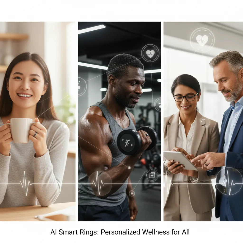 Diverse people using AI smart rings for wellness and productivity