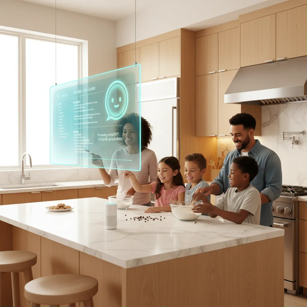 A family in a futuristic smart home interacting with a subtle, helpful AI interface powered by Project Astra.