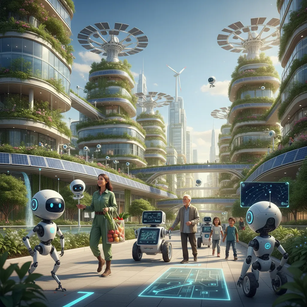 A futuristic cityscape where personalized AI drones and robots, powered by SLMs, are helping people in their daily lives.