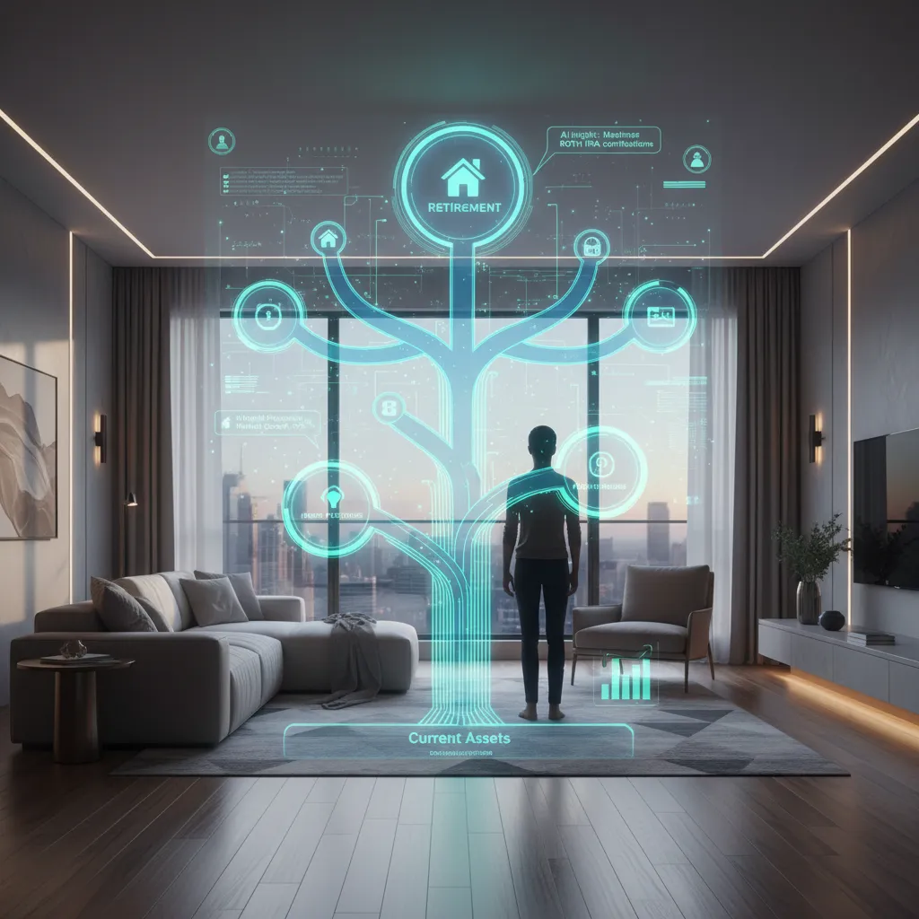 A person looking at a futuristic holographic display of their long-term financial plan.
