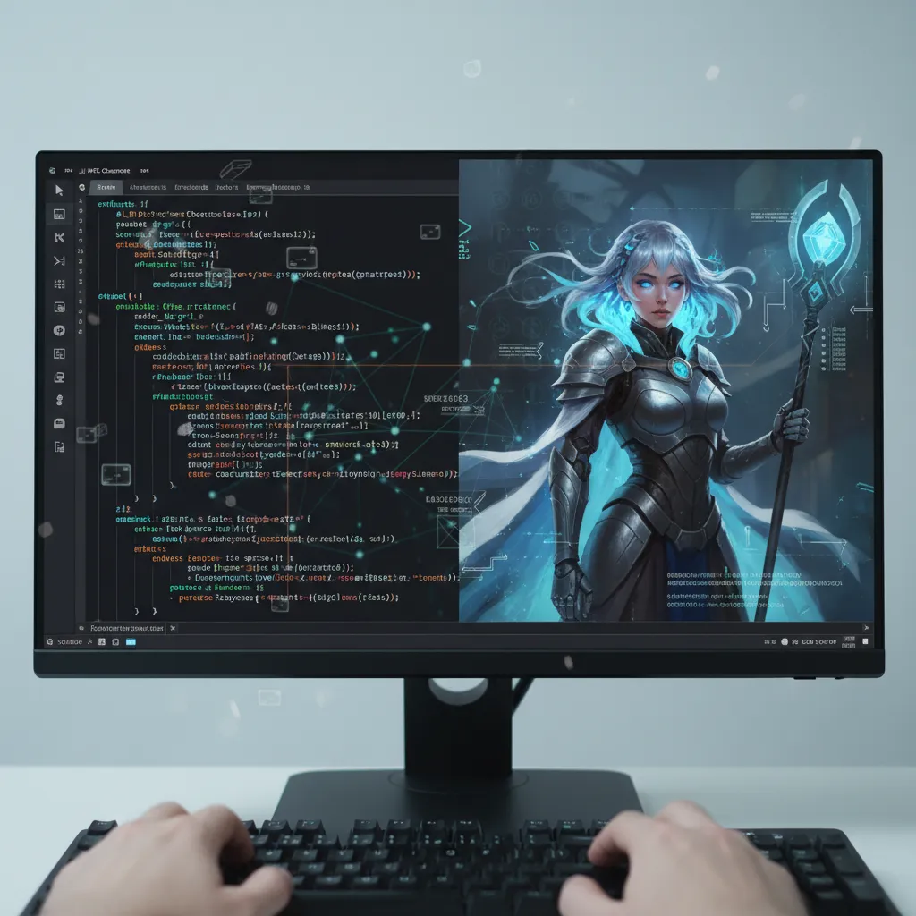 Game developer screen displaying AI NPC code and concept art