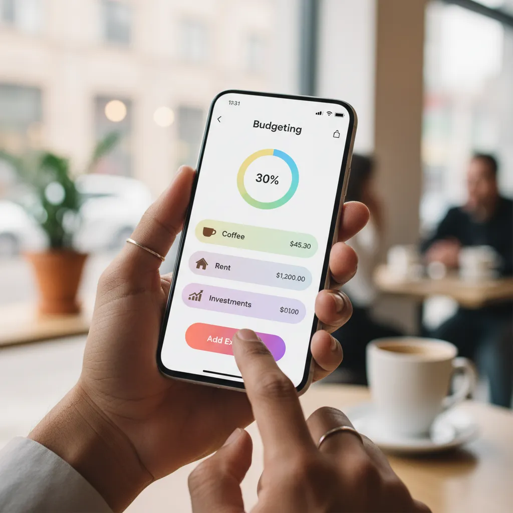 Hand holding smartphone with budgeting app in a cafe.