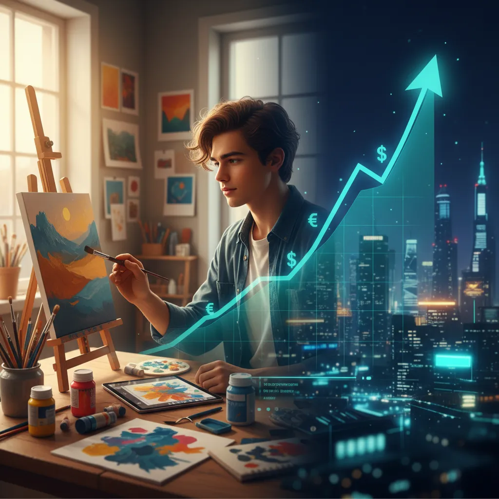 Split image of Gen Z person doing a side hustle and generating passive income.