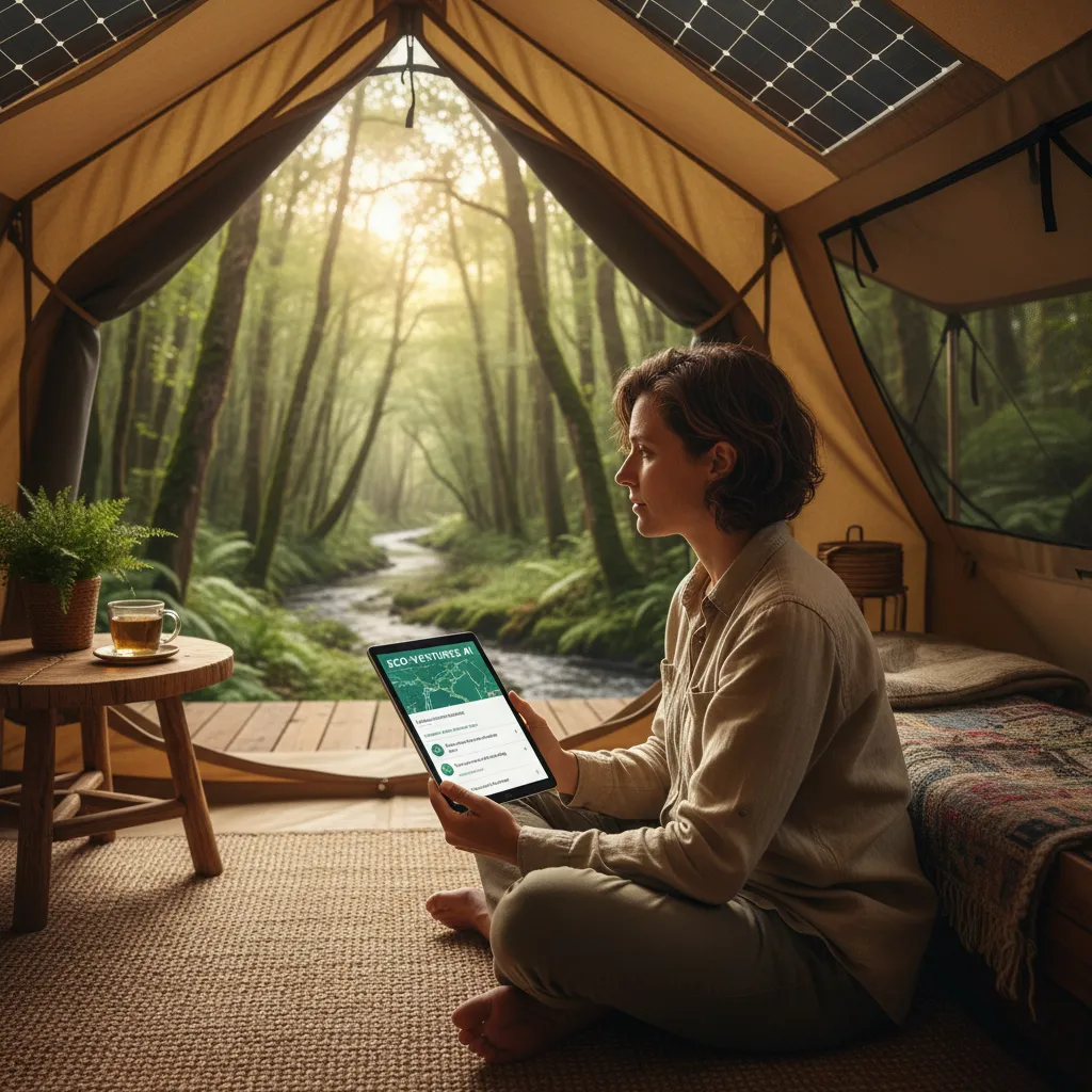 Traveler using AI for local eco-friendly activities in glamping tent