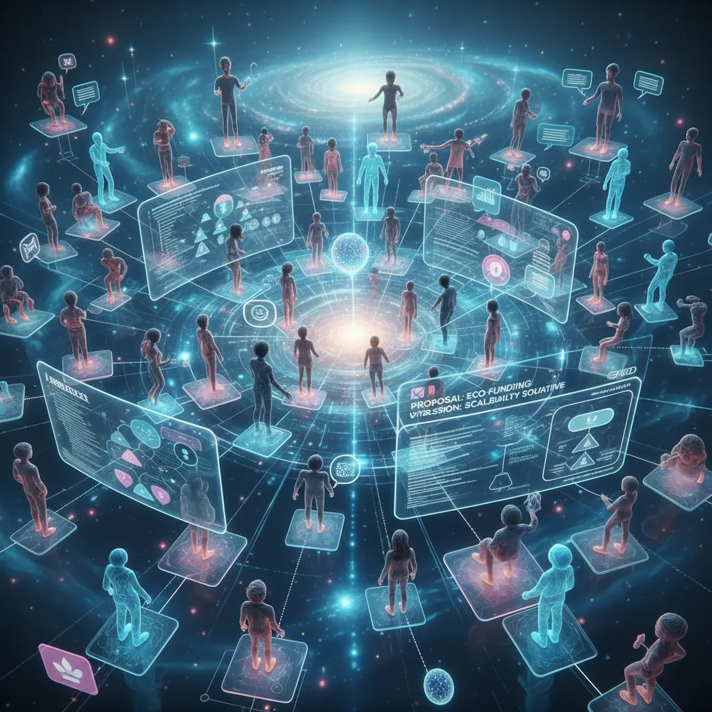 Digital avatars collaborating in a virtual DAO space