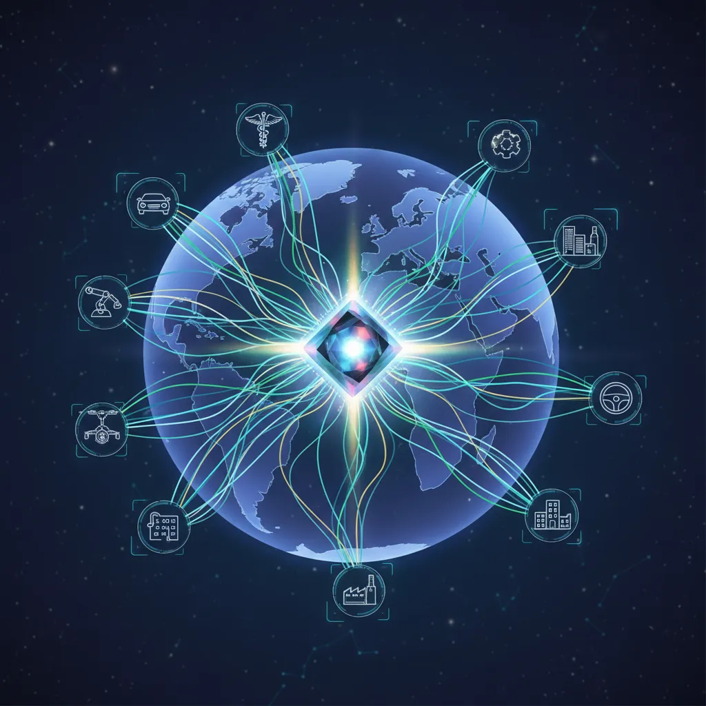 Global network of devices converging on a quantum processor.