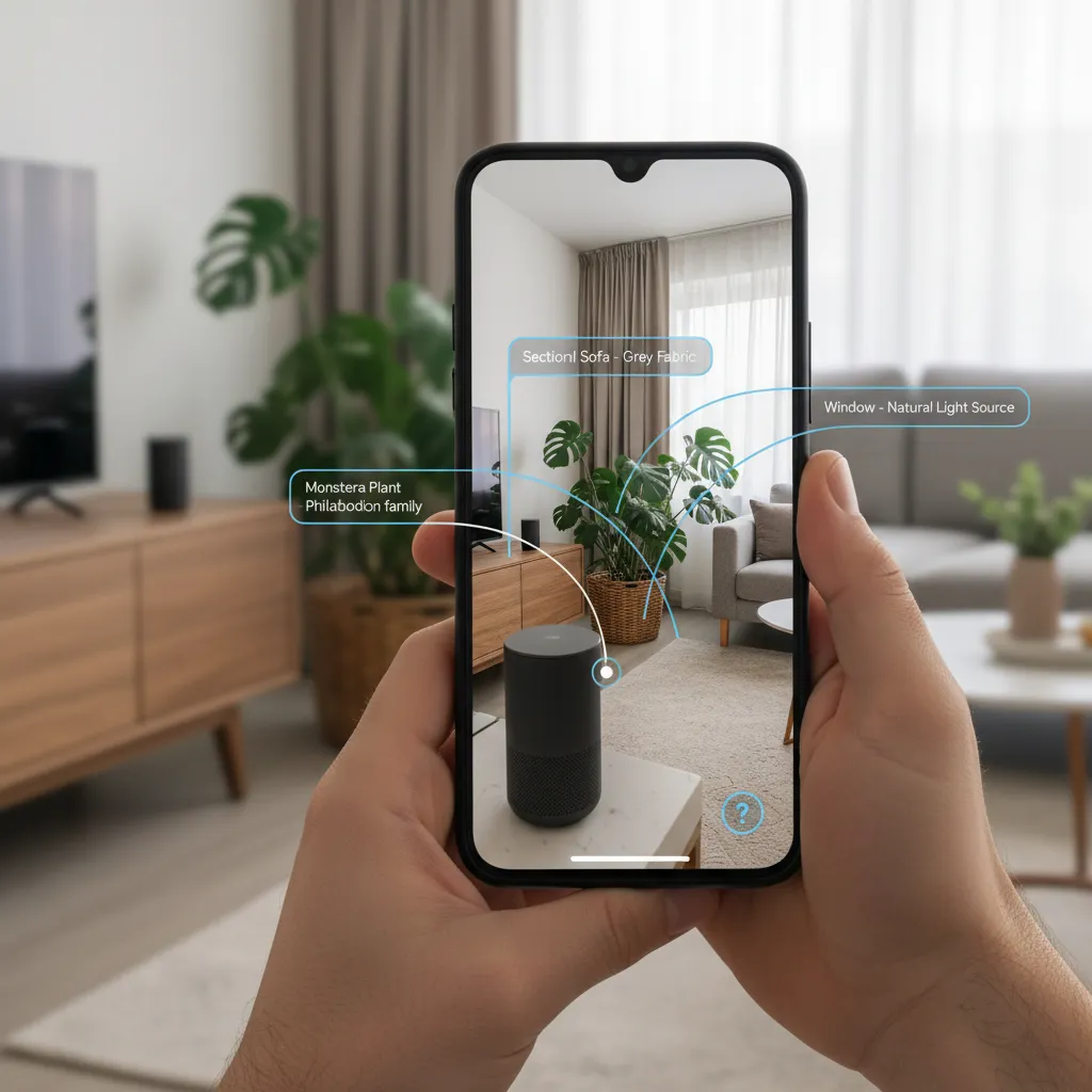 A person using their phone with Google's Project Astra identifying objects in a room with AR overlays.