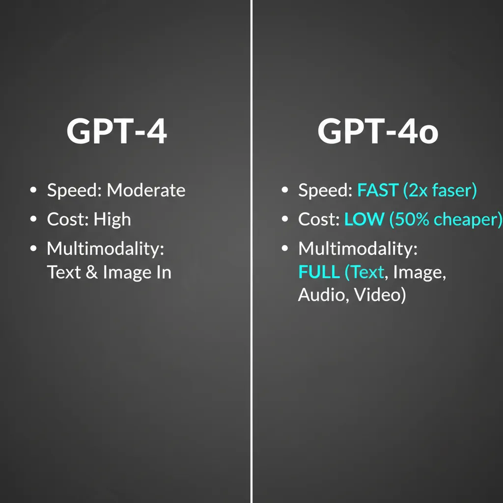 A side-by-side comparison chart highlighting the main differences between the GPT-4 and GPT-4o models.