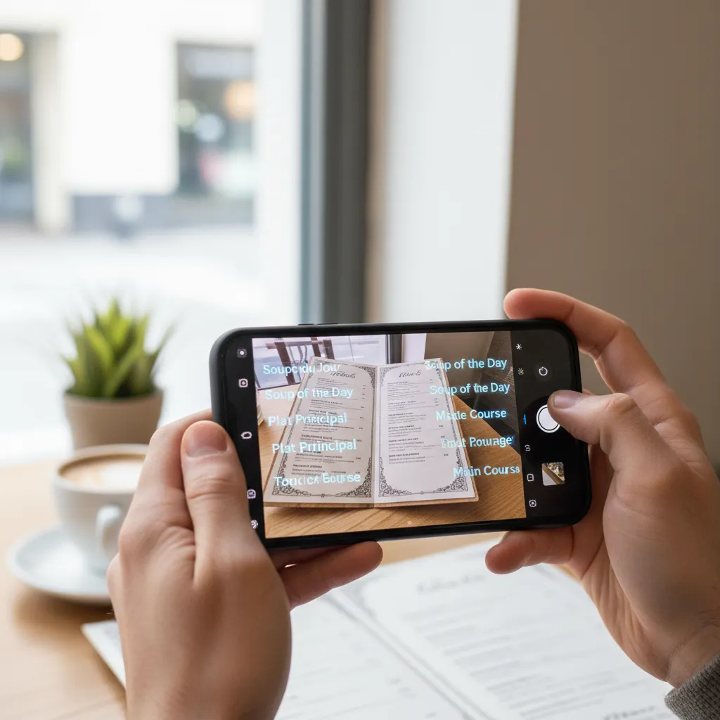 A smartphone screen showing the GPT-4o app using its camera to translate a menu in real-time.