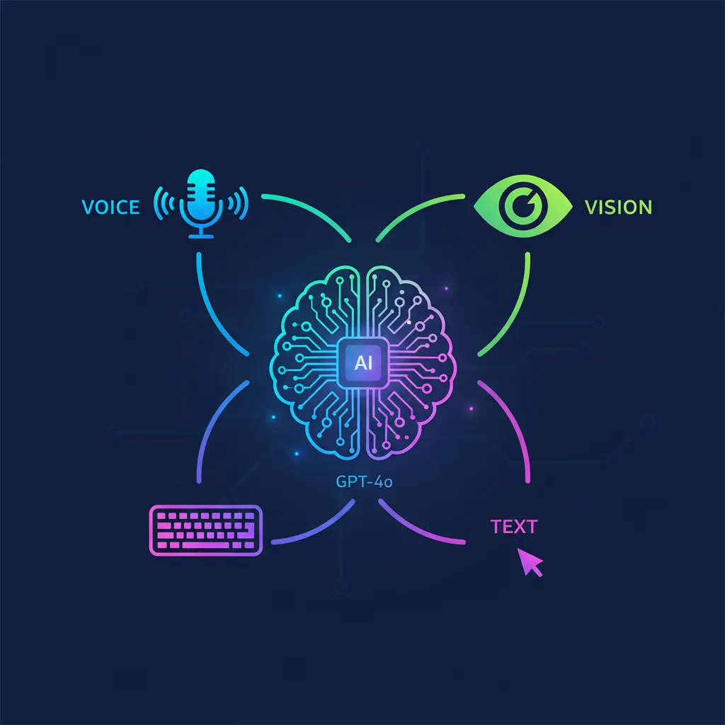 Diagram showing GPT-4o's multimodal inputs: voice, vision, and text, flowing into a central processing unit and generating outputs in any combination.