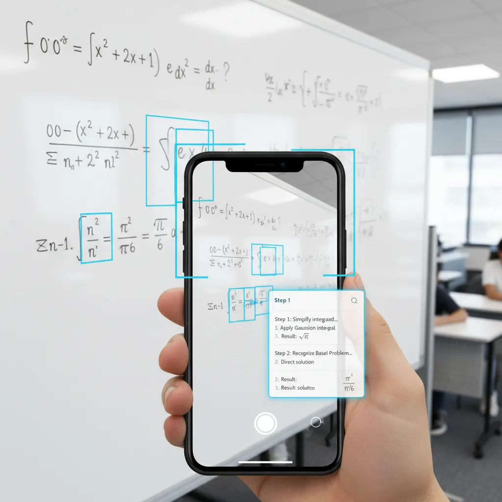 An AI analyzing a complex math problem written on a whiteboard through a phone camera.