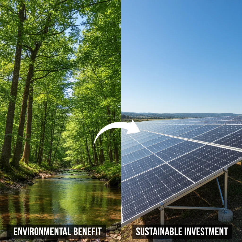 Split image of a healthy forest and a solar farm, representing green investments.