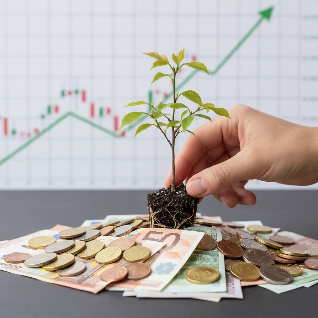 Hand placing a tree sapling into a stack of money.