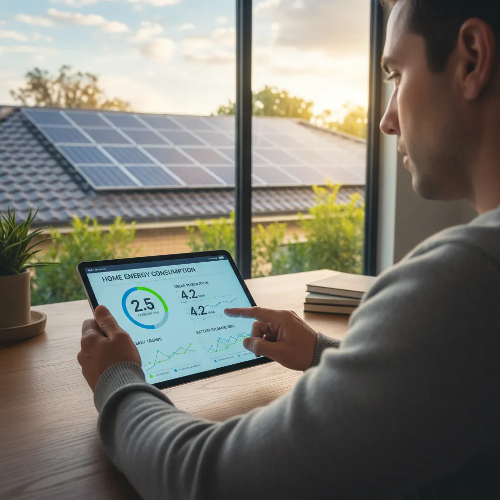 A smartphone displaying a detailed home energy consumption dashboard with colorful graphs and charts.
