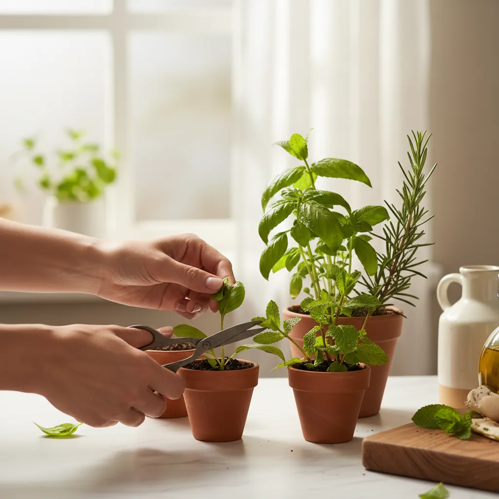Hands tending to an indoor herb garden