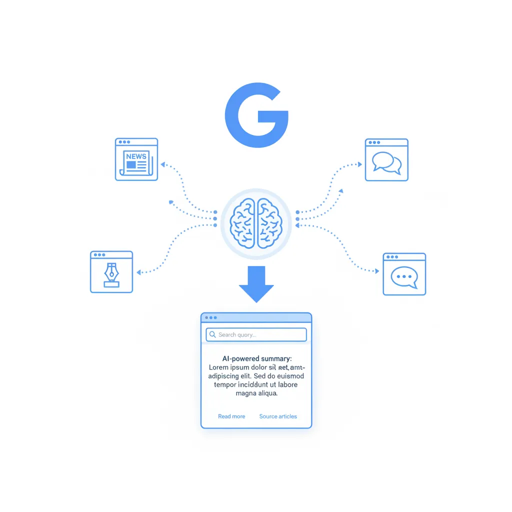 A diagram showing how Google's AI Overviews generate answers from multiple web sources.