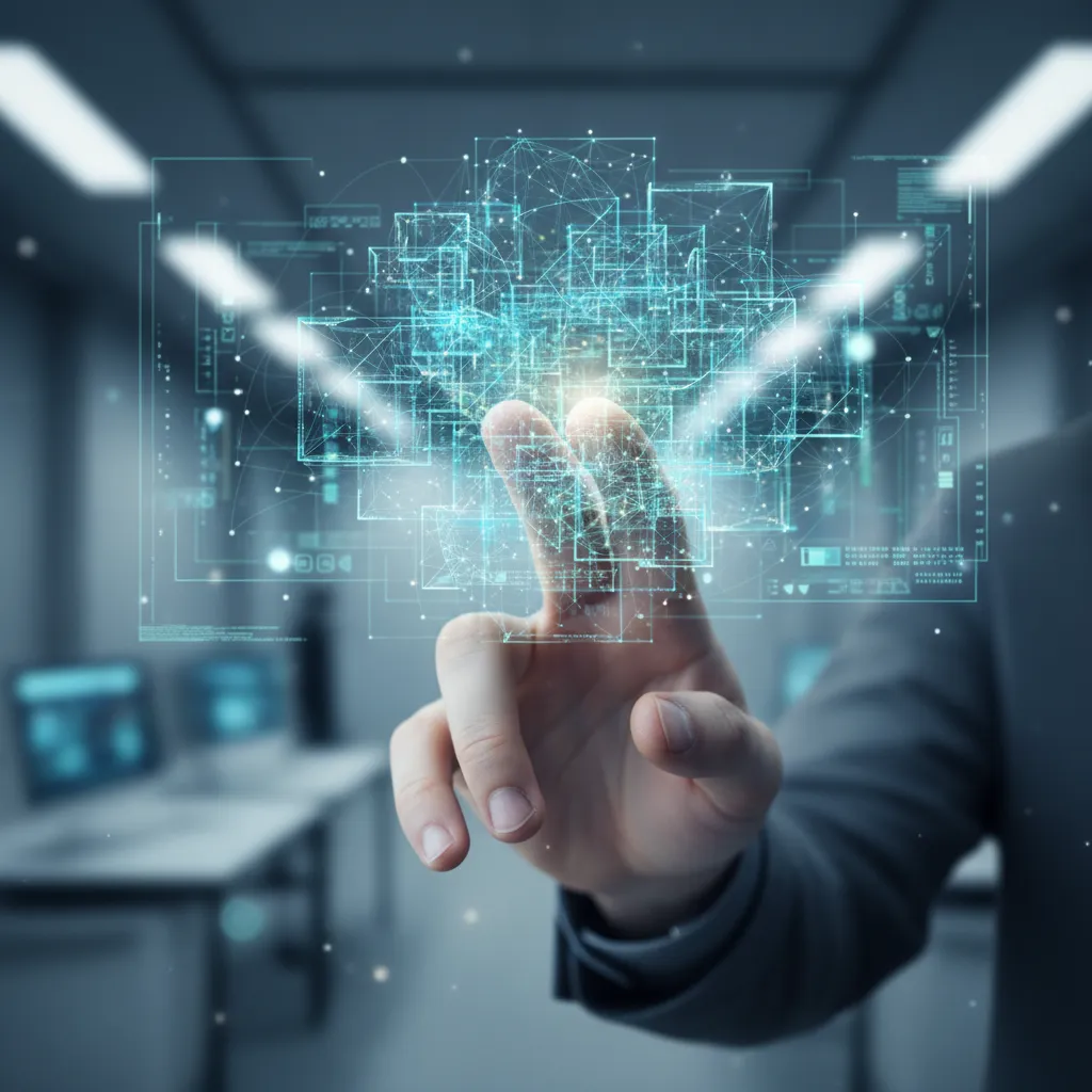 A human hand interacting with a holographic display of a transparent AI model, symbolizing trust and collaboration in a futuristic setting.