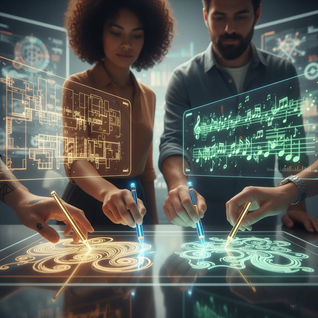 Diverse hands interacting with glowing AI interfaces for creative design