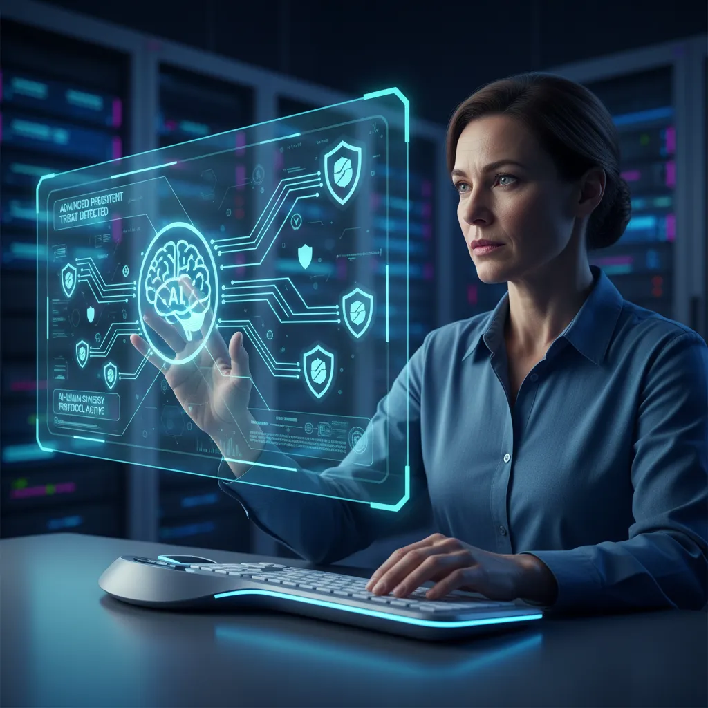 Cybersecurity analyst collaborating with AI on holographic interface