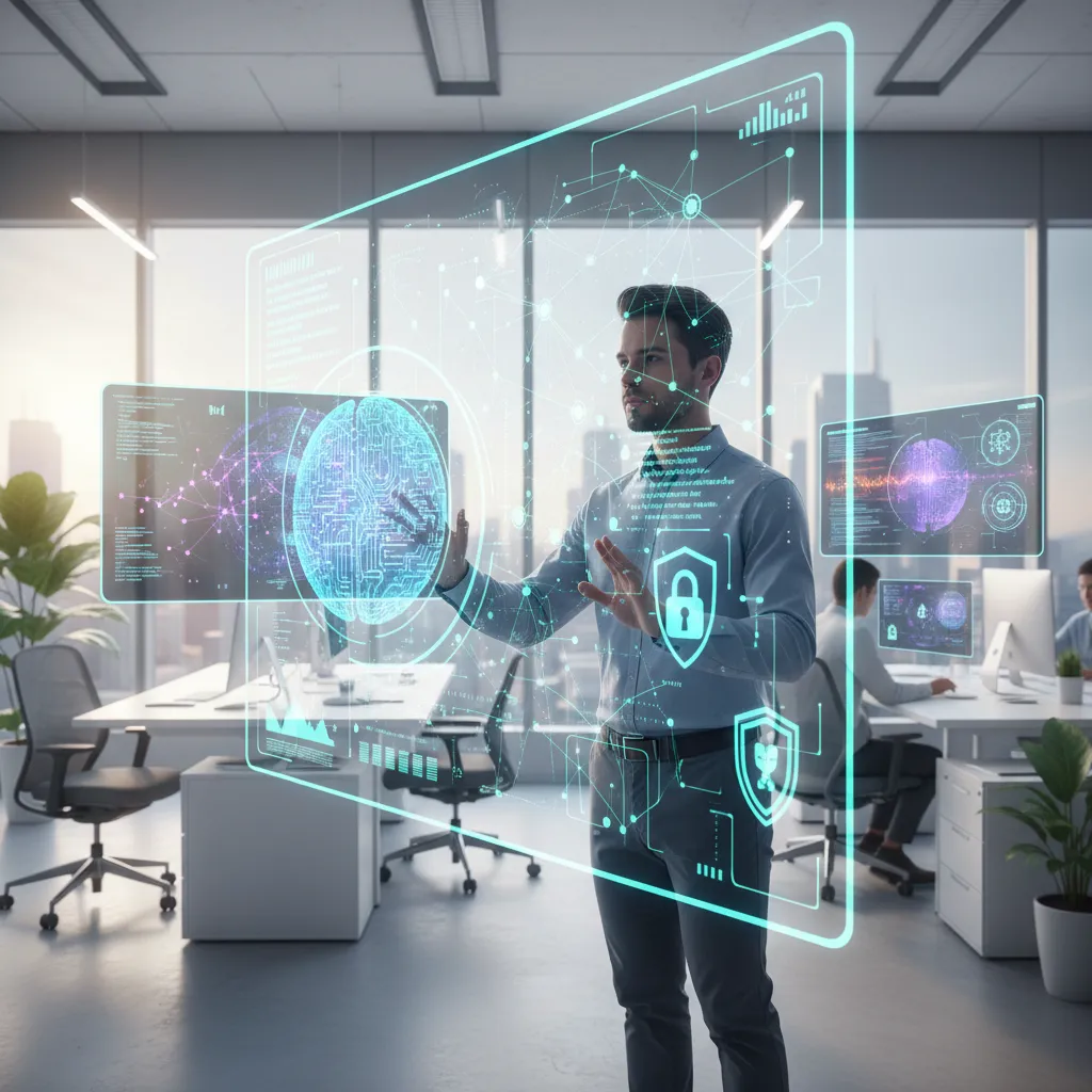 Human and AI working together on cybersecurity, reviewing data and algorithms.