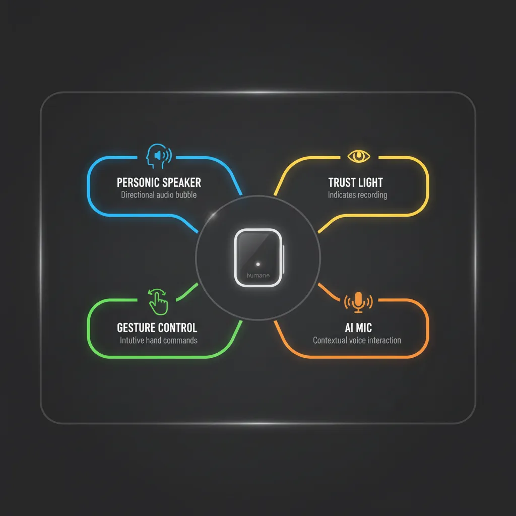 A diagram illustrating the core features of the Humane AI Pin, including the 'Personic Speaker' and 'Trust Light'.