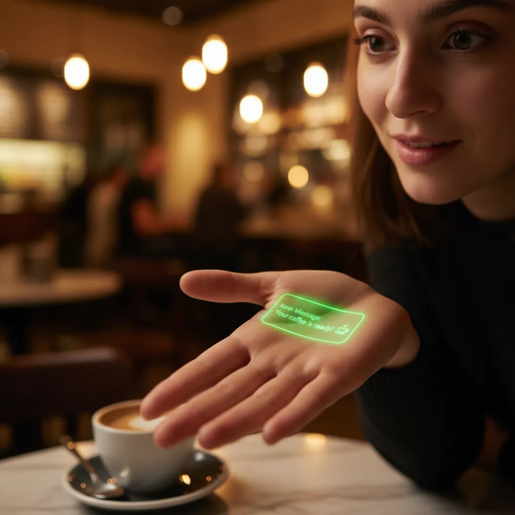 A person using the Humane AI Pin's laser ink display projected onto their palm in a dimly lit, futuristic setting.