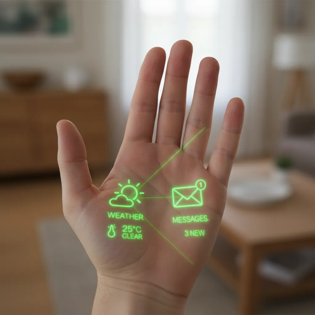 The laser ink display of the Humane AI Pin projecting a green user interface onto a person's palm.