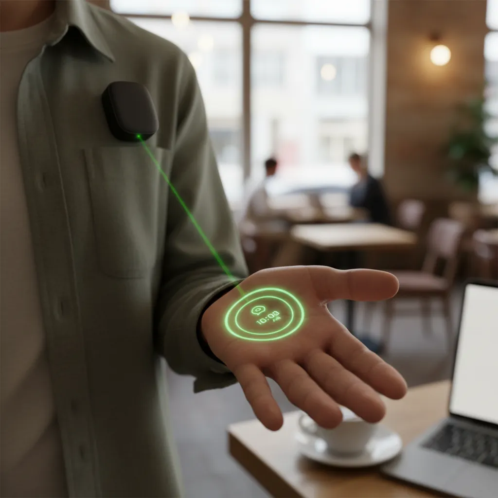 A person using the Humane AI Pin, with a light projection on their hand in a real-world setting.