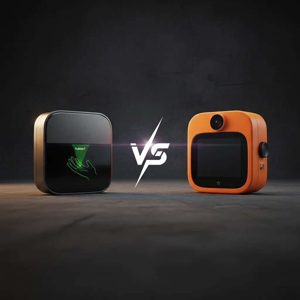 A side-by-side comparison image of the Humane AI Pin and its main competitor, the Rabbit R1.