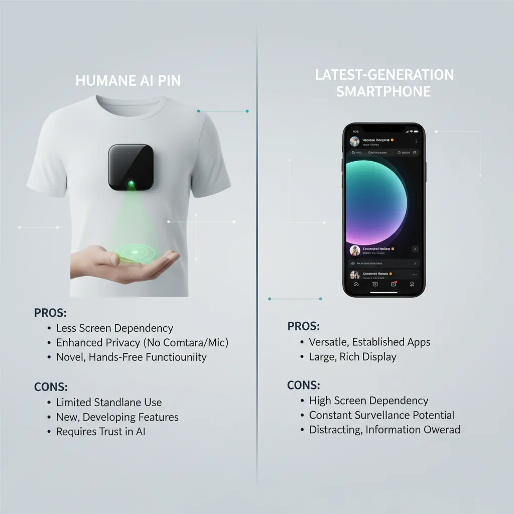 A side-by-side comparison of the Humane AI Pin and a modern smartphone, highlighting their pros and cons.