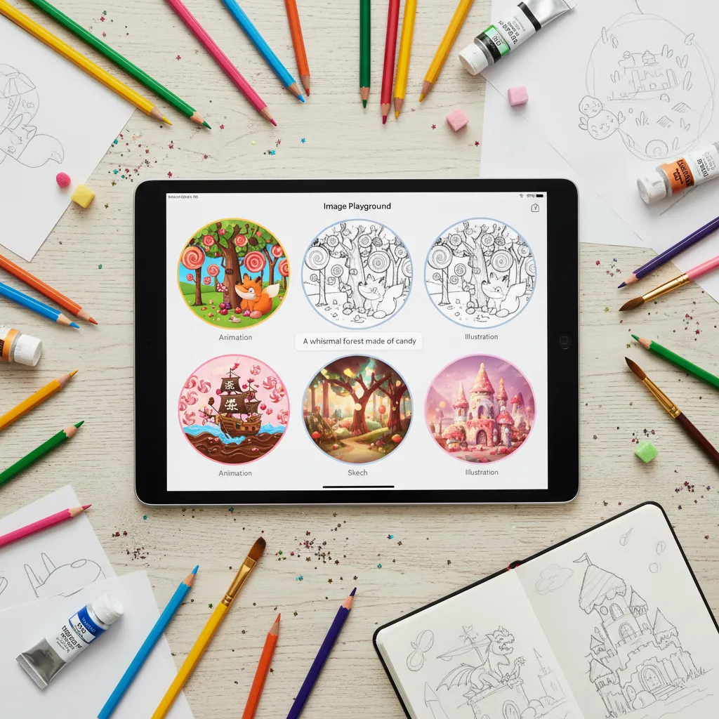 An artist creating a unique AI image using Image Playground on an iPad, showing various generated styles.